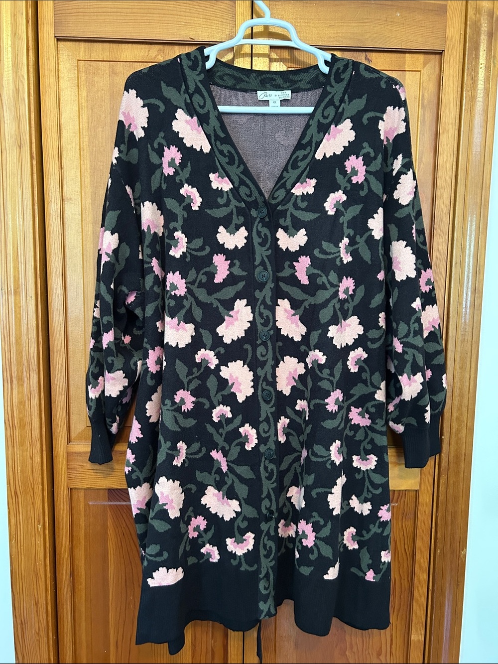 Pioneer Woman Pink & Black Floral Jacquard Belted Cardigan Plus 4X New
